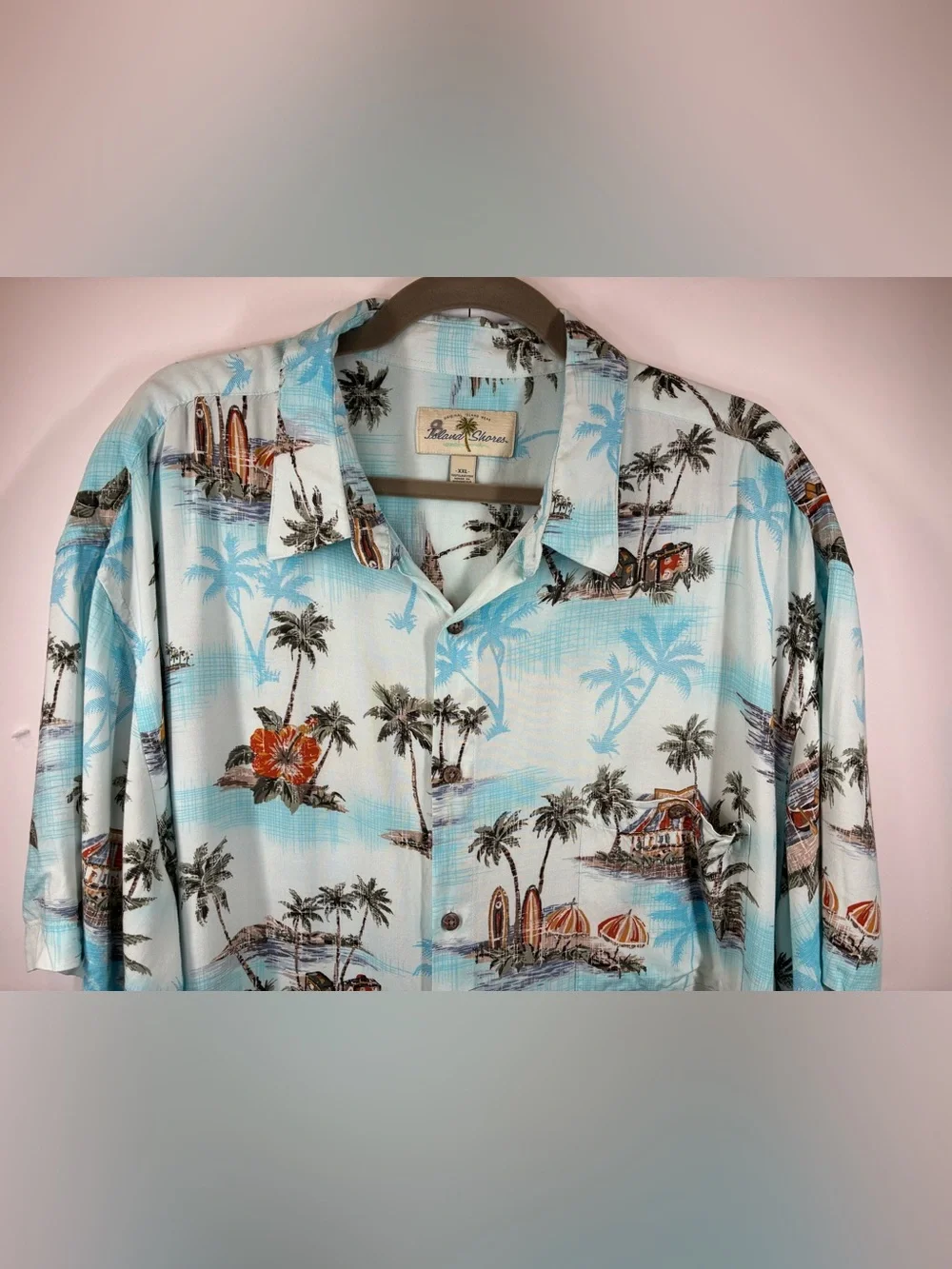 Island Shores Hawaiian Camp Shirt XXL Tropical Beach Palm Tree Button Front